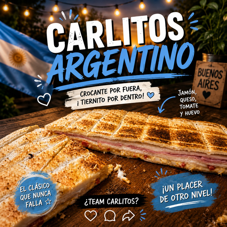 Toasted Argentine sandwich filled with ham, cheese, tomato, and egg on a wooden table beneath glowing string lights.