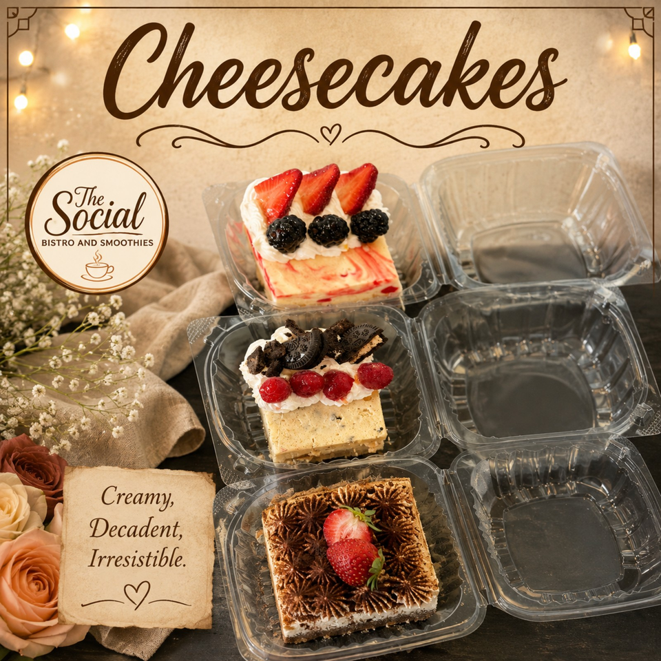 Three decorated cheesecake slices in clear containers, topped with berries, cookies, and strawberries beside The Social Bistro and Smoothies branding.