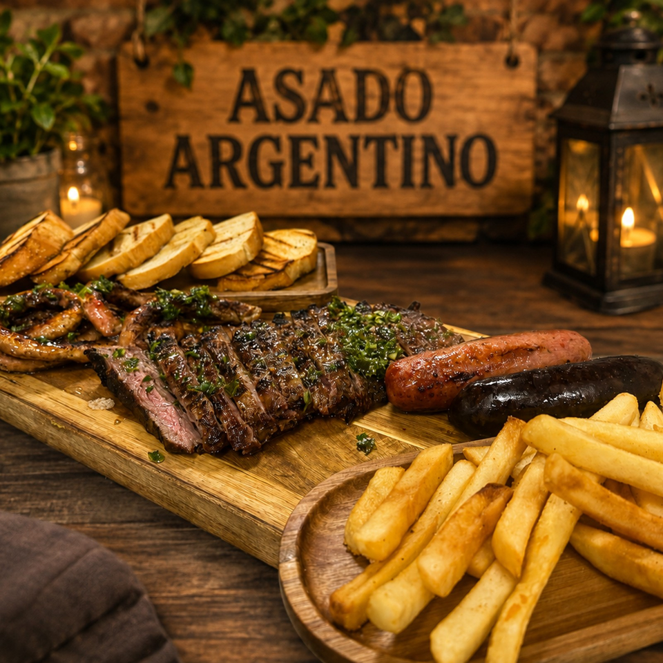 Argentine grilled steak, sausages, roasted vegetables, bread, and fries served on wooden boards beside candle lanterns.
