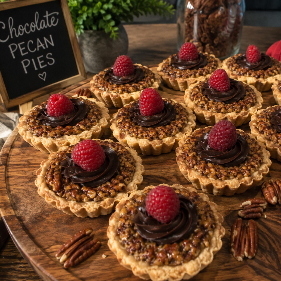 Chocolate pecan tartlets topped with dark chocolate swirls and raspberries on a wooden serving board.