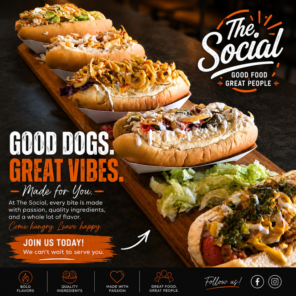 Four loaded hot dogs with colorful toppings arranged on a wooden board beside The Social restaurant branding.