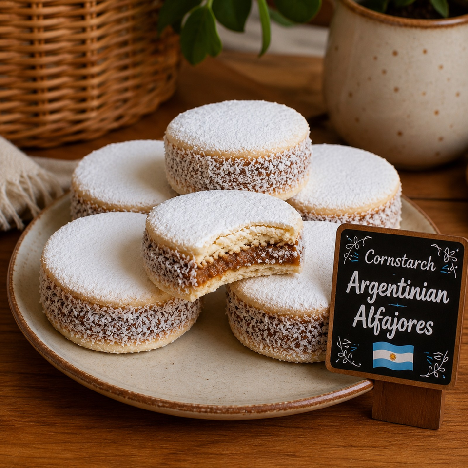 Plate of coconut-coated Argentine alfajores dusted with powdered sugar, including one cut open to reveal dulce de leche filling.