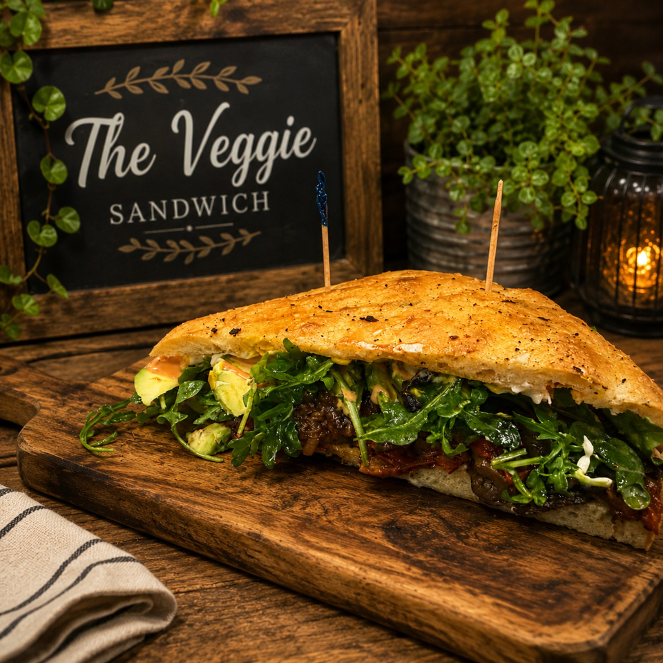 Large veggie sandwich with greens, avocado, mushrooms, and sauce on seeded bread, displayed on a wooden board beside a sign.