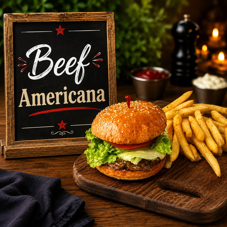 American beef burger with lettuce and tomato, served with seasoned fries on a rustic wooden board beside a chalkboard sign.