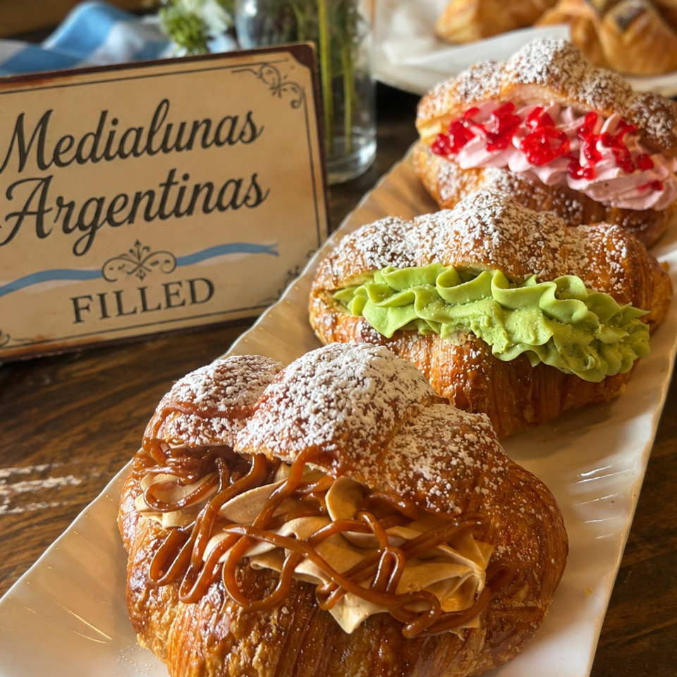 Assorted powdered-sugar-filled pastries on a platter, including avocado, berry, and caramel mushroom fillings beside an Argentine pastries sign.