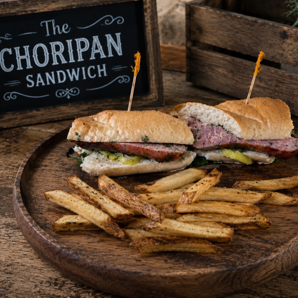 Two loaded choripan sandwiches with sausages, toppings, and seasoned potato wedges on a wooden serving board.