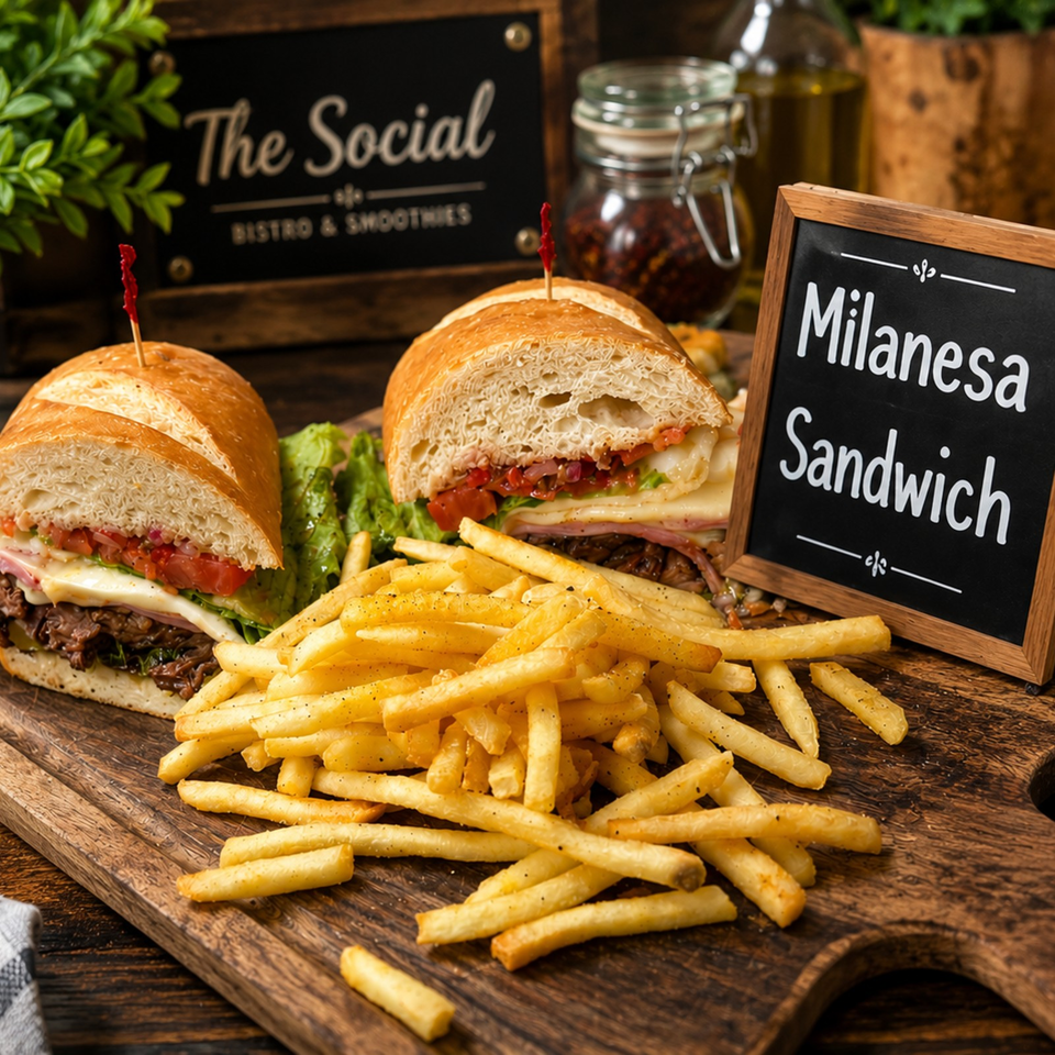 Two Milanesa sandwiches with lettuce and tomato sit beside a pile of golden fries on a rustic wooden board.