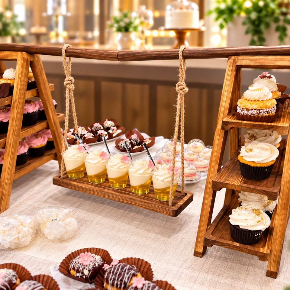 Decorative wooden dessert display featuring cupcakes, chocolate pastries, mousse cups, and floral garnishes in a warmly lit restaurant.