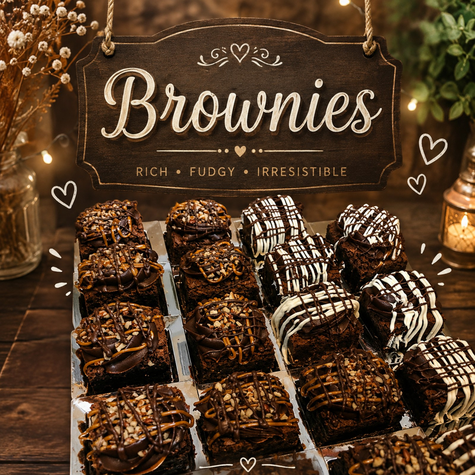 Tray of rich, fudgy brownies drizzled with chocolate and white icing beneath a rustic sign reading “Brownies.”