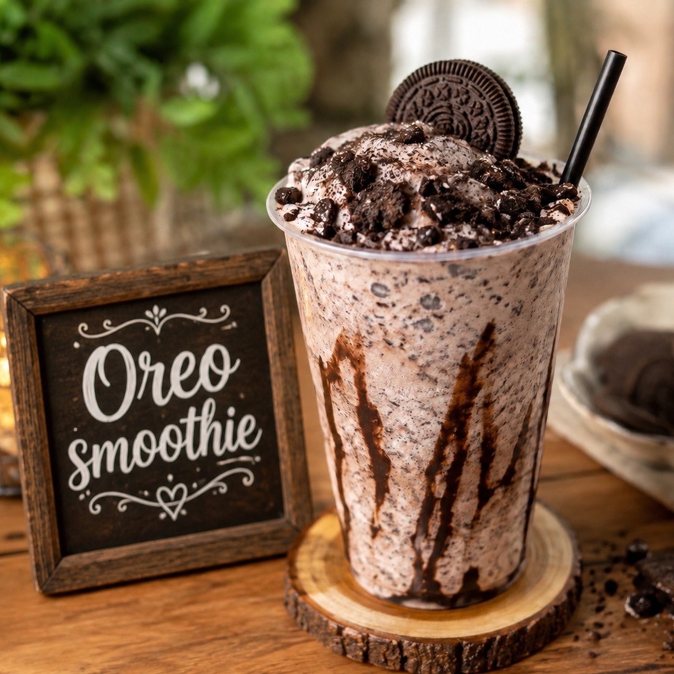 Cookies-and-cream smoothie topped with whipped cream, cookie pieces, and a whole chocolate sandwich cookie beside an Oreo smoothie sign.