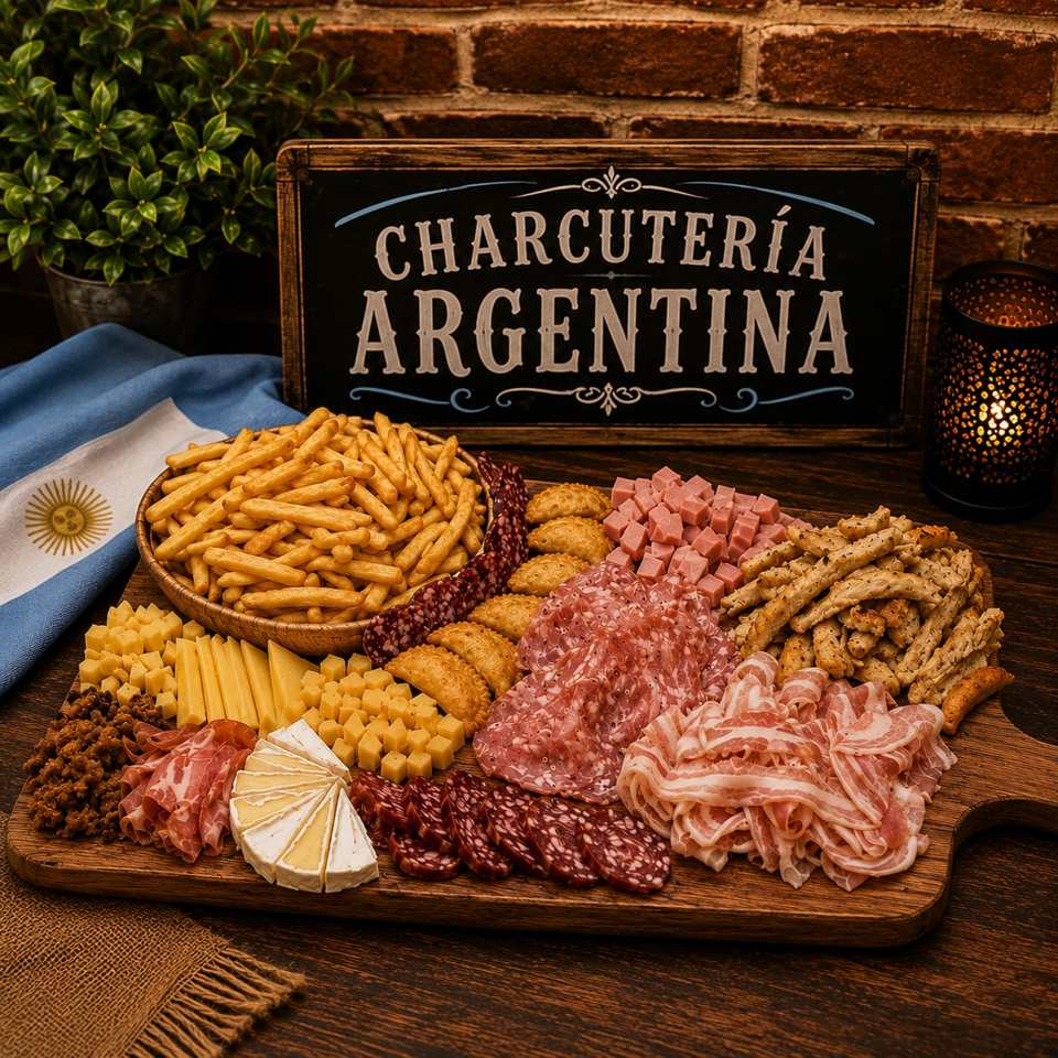 Argentine charcuterie board with assorted cheeses, cured meats, breadsticks, crackers, and a sign reading “Charcutería Argentina.”
