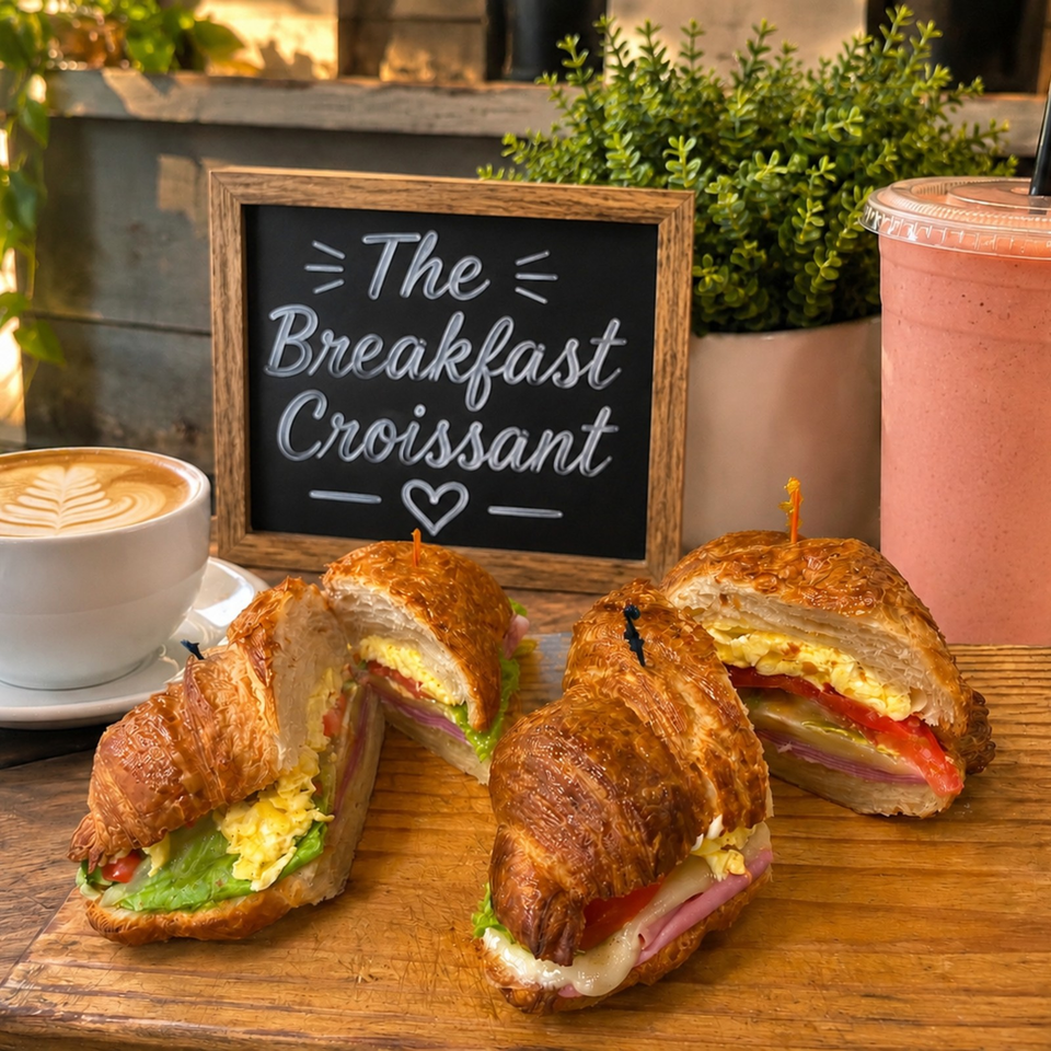 Croissant breakfast sandwiches with eggs, vegetables, and ham served beside coffee and a pink smoothie on a wooden table.