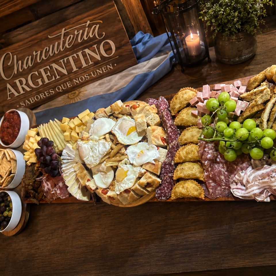Argentine charcuterie board with cheeses, cured meats, empanadas, grapes, crackers, and olives on a rustic table beside a candle.