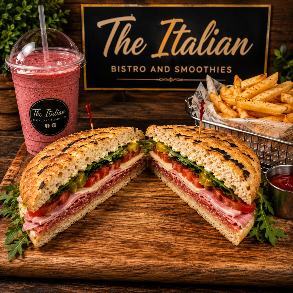 Italian deli sandwich with meats, cheese and vegetables, fries, pink smoothie, and The Italian Bistro and Smoothies sign.