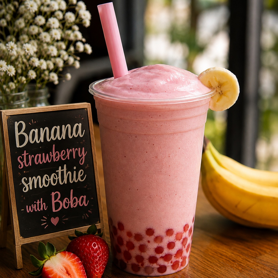 Pink banana-strawberry smoothie with boba pearls, pink straw, banana garnish, strawberries, and chalkboard sign on a wooden table.