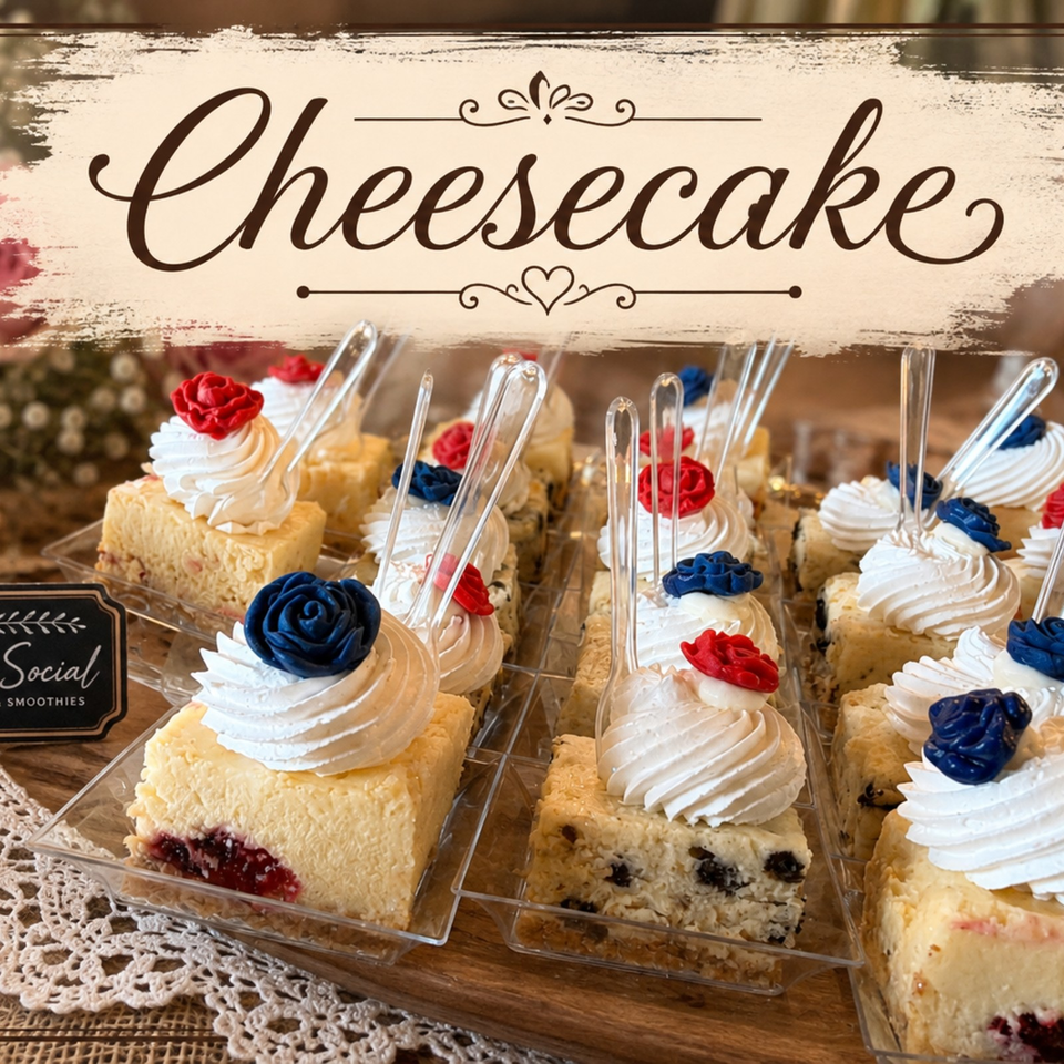 Display of cheesecake slices topped with whipped cream and red and blue frosting roses beneath a decorative cheesecake sign.