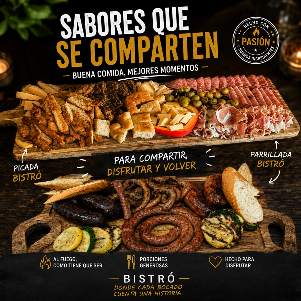 Bistró promotional graphic featuring abundant charcuterie, cheeses, olives, grilled meats, sausages, bread, and vegetables on wooden boards.